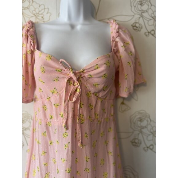 Faithfull the Brand Dress Size 6 Medium Pink Daisy Floral Puff Sleeve  Midi 036 - Picture 2 of 8
